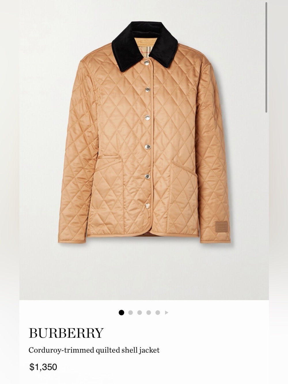 Burberry Tan Quilted Shell Jacket with Black Corduroy Collar
